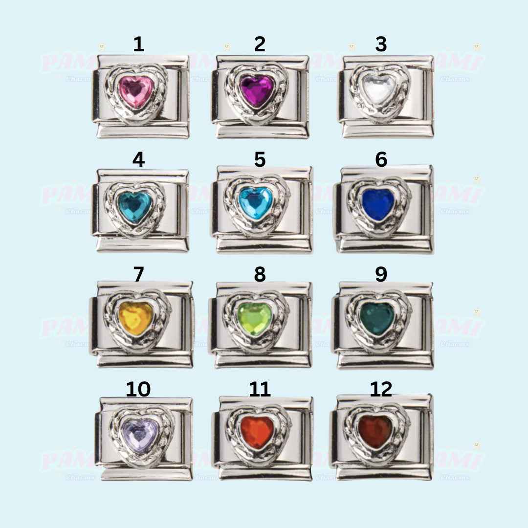 Pami Charms birthstone gem Italian charms featuring twelve silver links with heart-shaped colorful gemstones