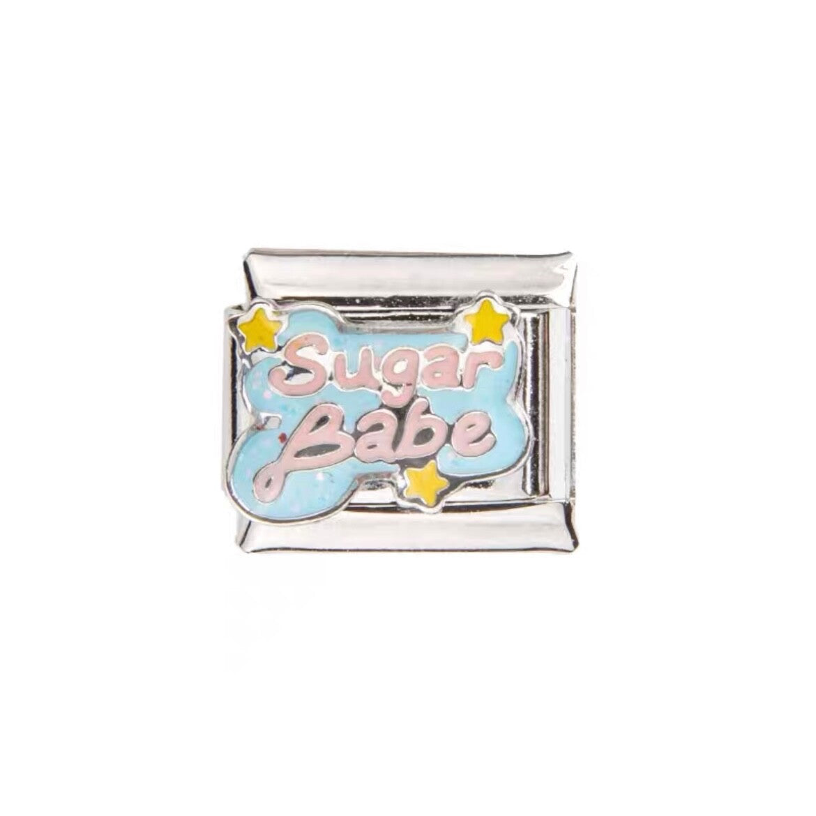 Pami Charms silver Italian charms with blue cloud and Sugar Babe text adorned with yellow stars