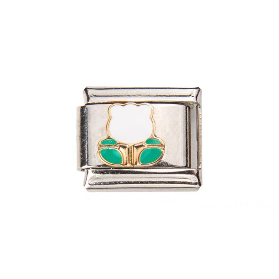 Pami Charms silver Italian charms featuring a white flower with green leaves design