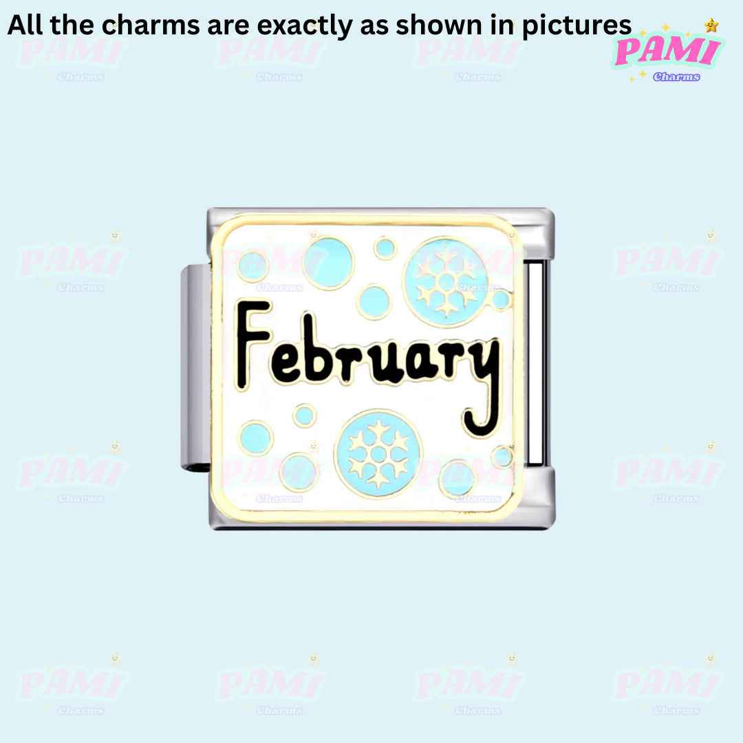 February birth month Italian charms featuring blue snowflake design by Pami Charms