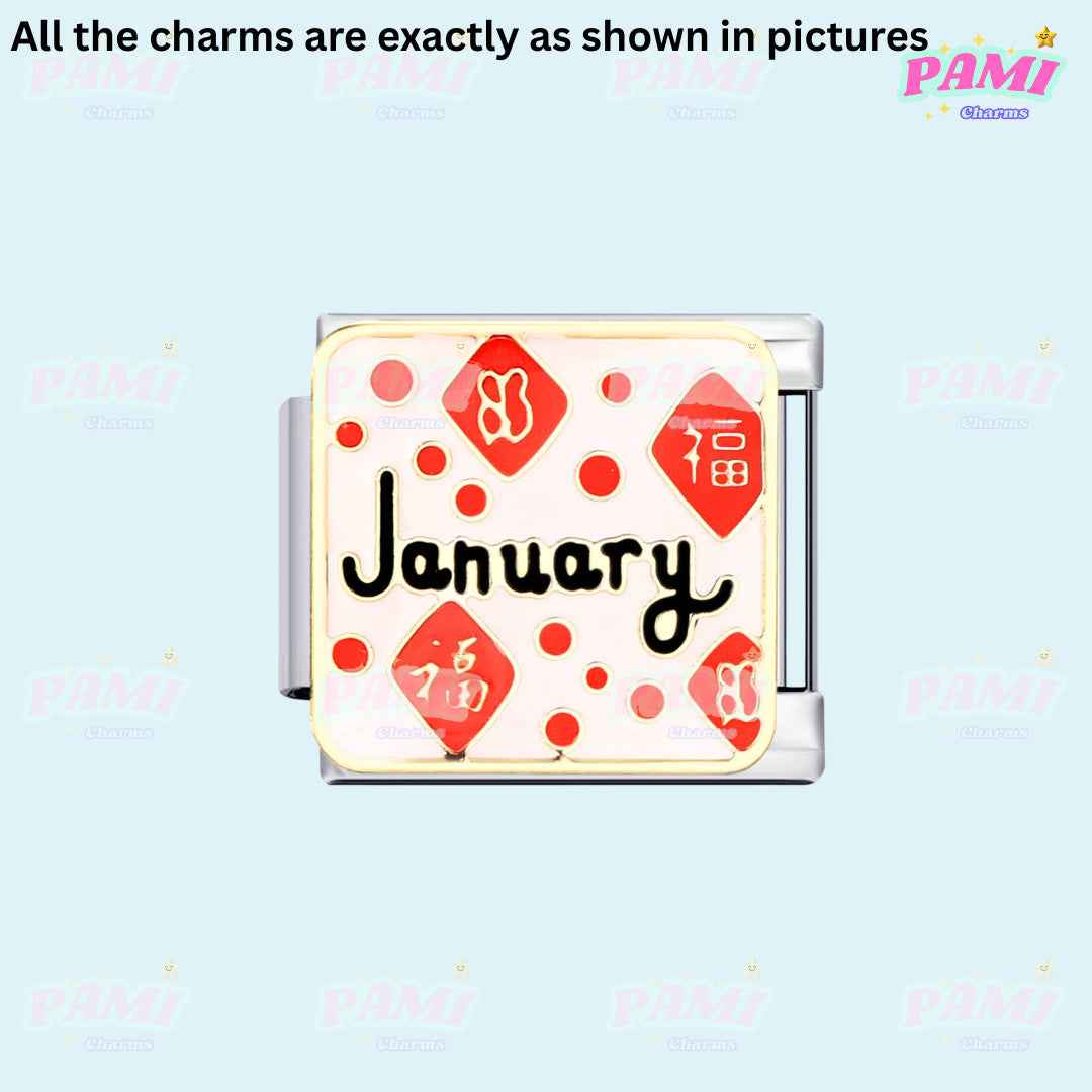 January birth month Italian charms by Pami Charms with red and white design and black lettering