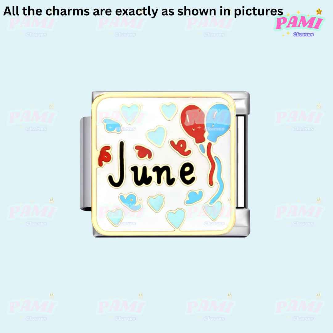 June birth month italian charms with colorful hearts and balloons on silver base by Pami Charms