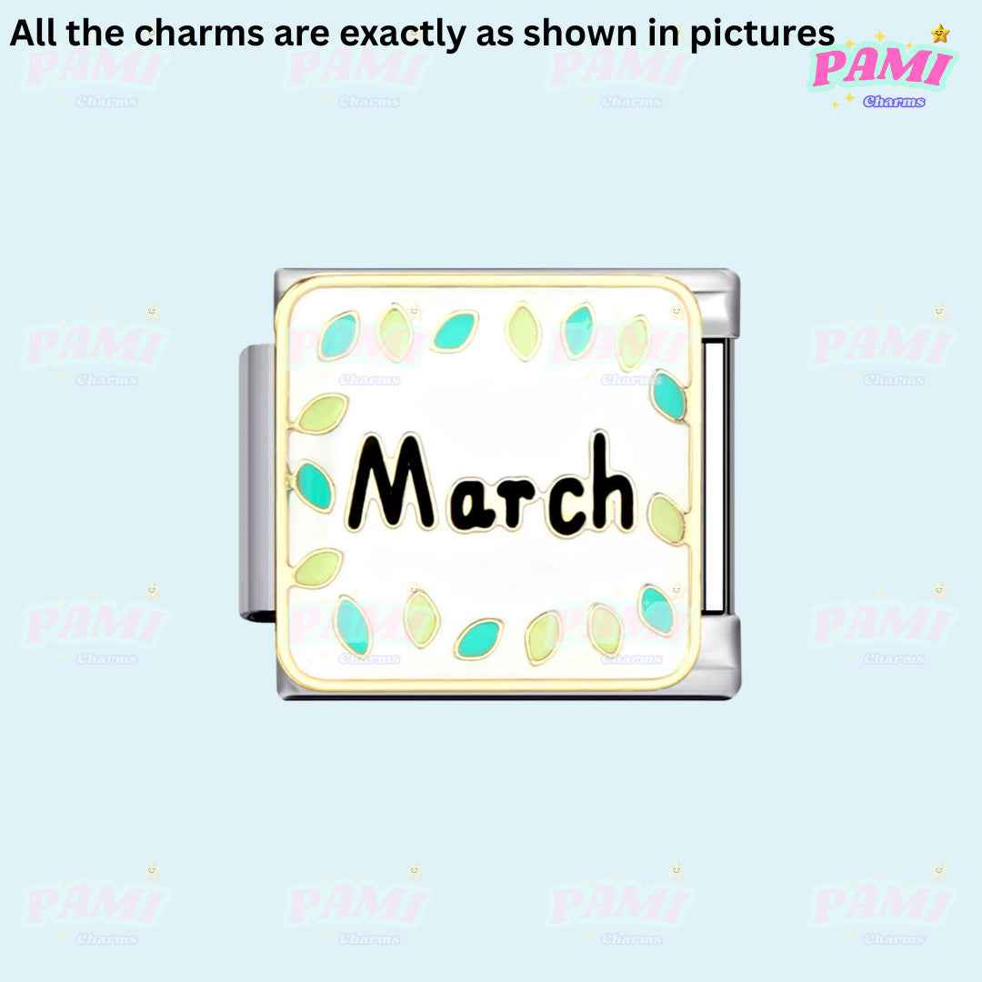 March birth month Italian charms with green and yellow leaf design by Pami Charms