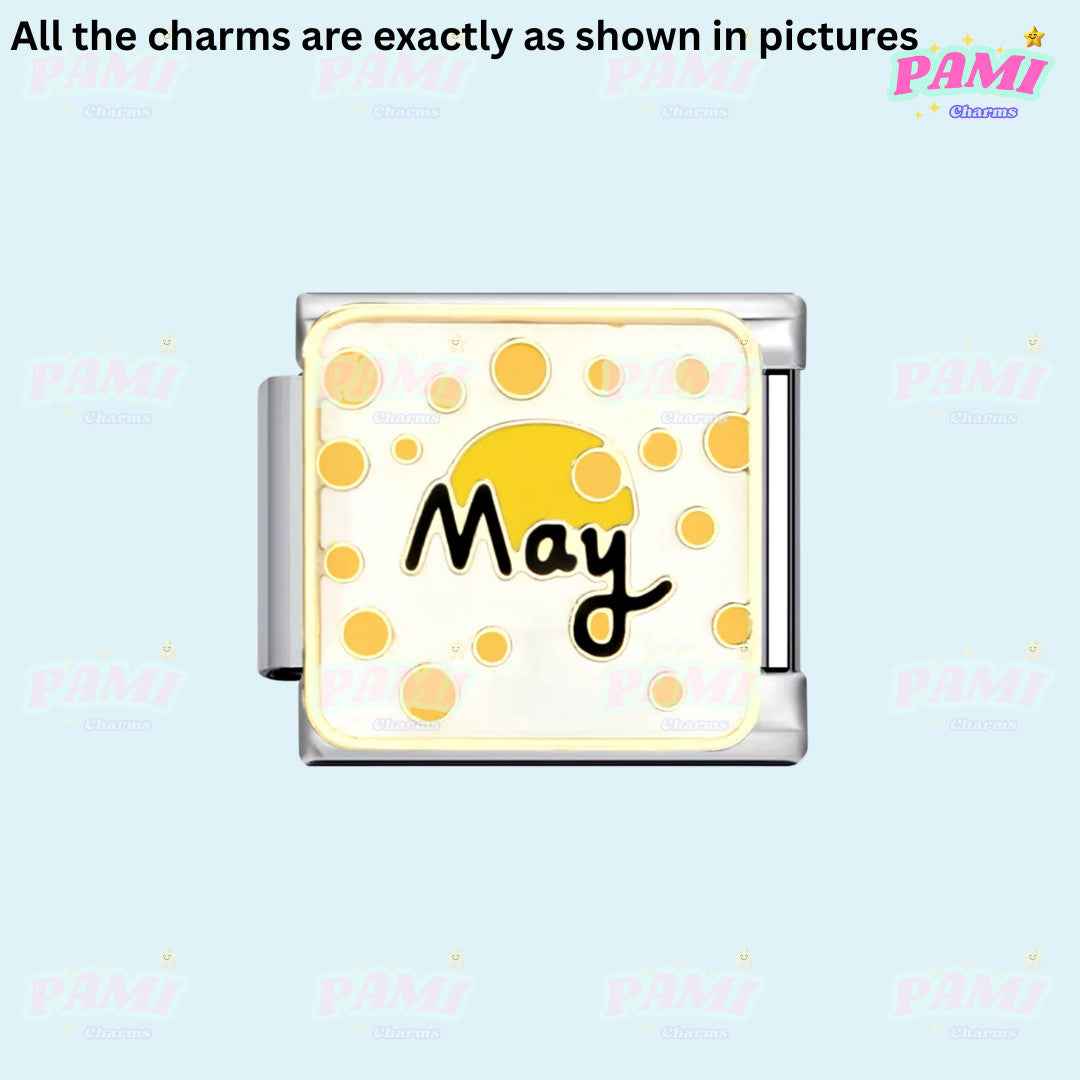 May birth month italian charms with yellow polka dots and silver edges by Pami Charms