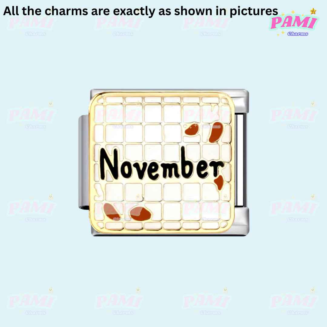 November birth month Italian charm with gold and silver grid design by Pami Charms