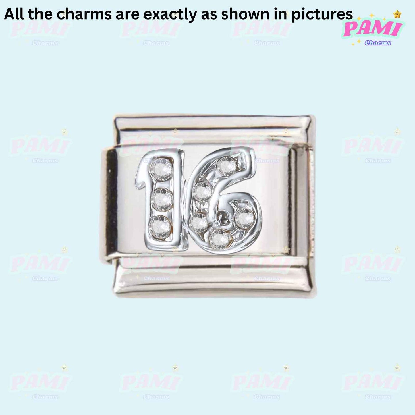 Pami Charms silver number 16 charm with embedded crystals birthday italian charms