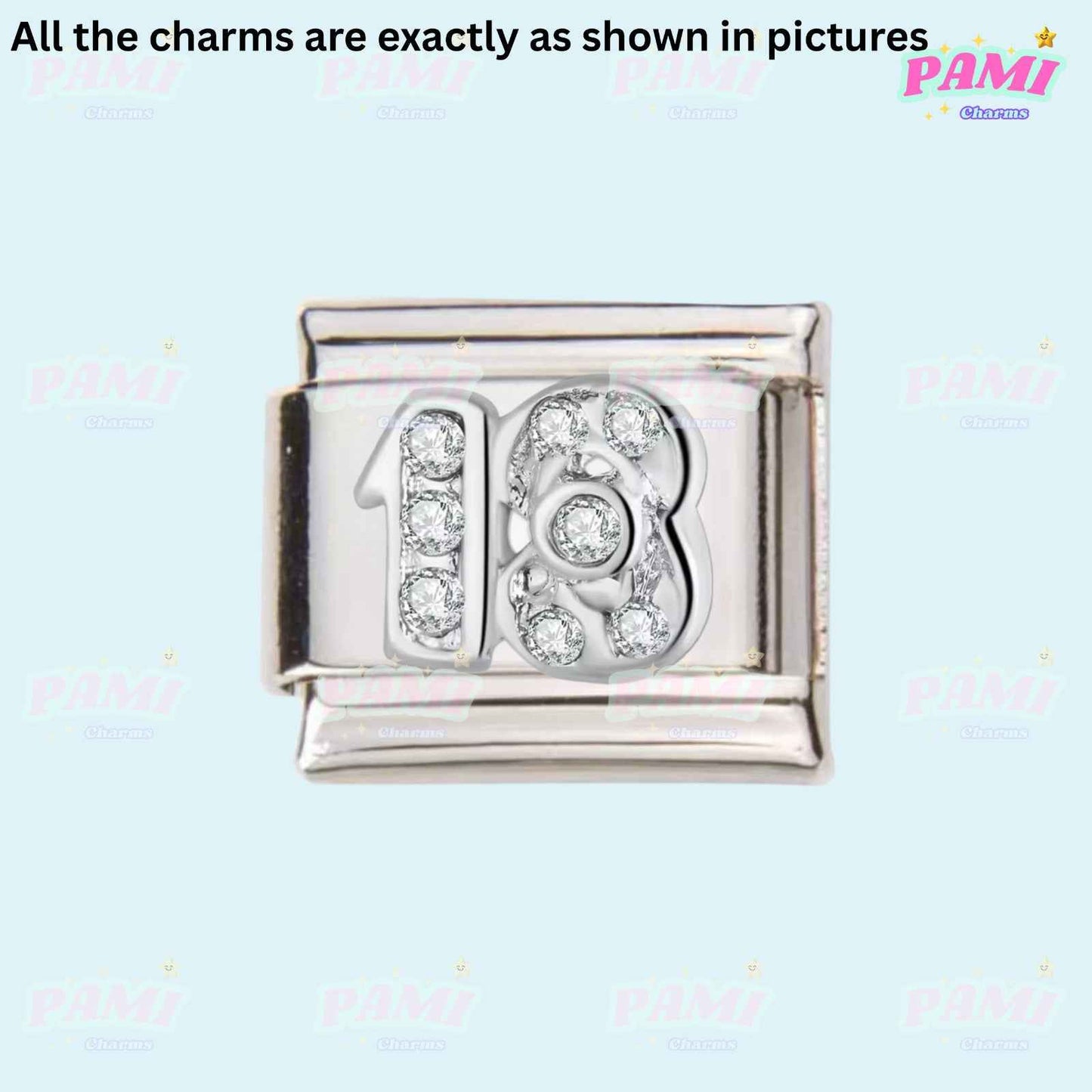 Pami Charms silver 18 number birthday italian charms with clear crystals