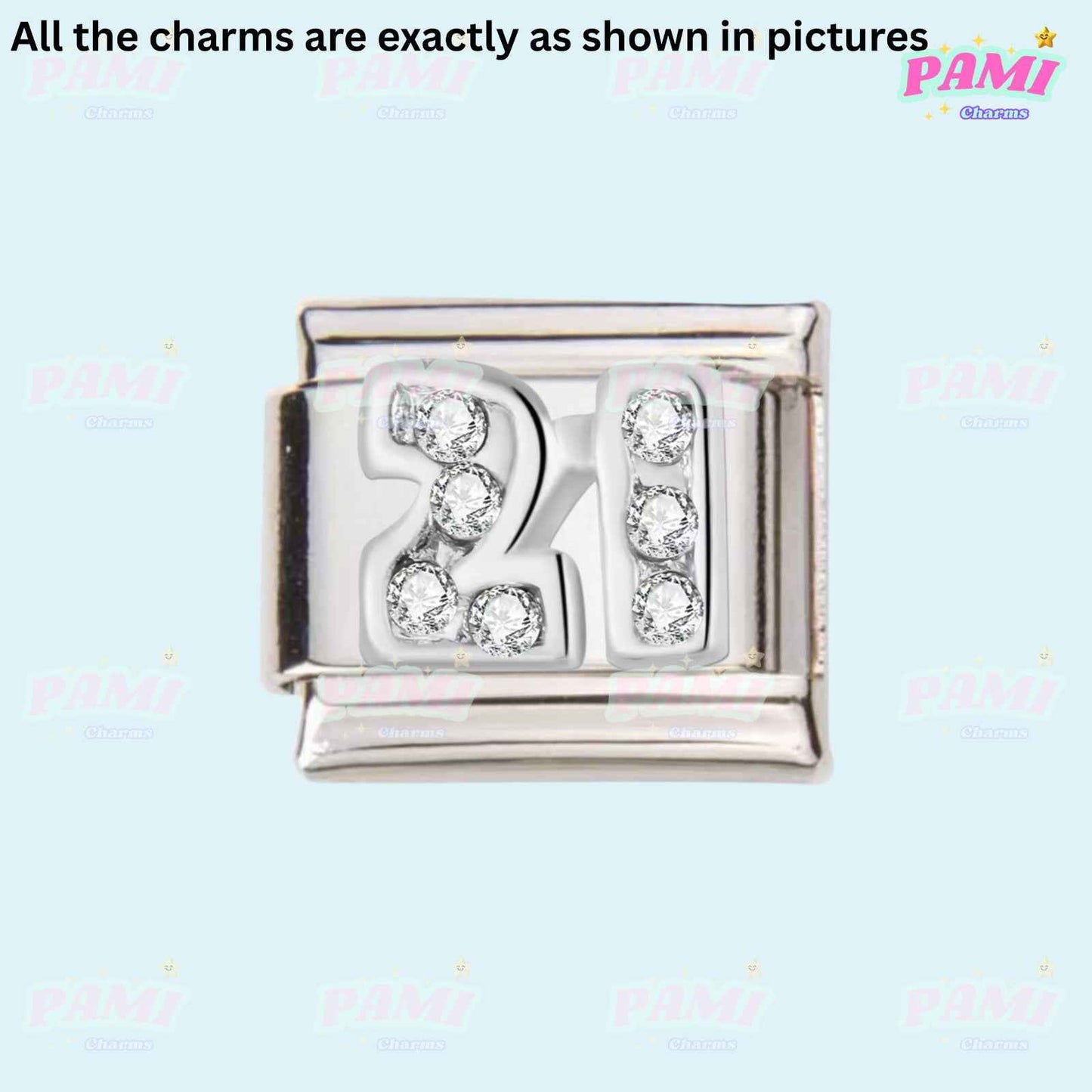 Pami Charms silver number 21 charm with clear stones birthday italian charms