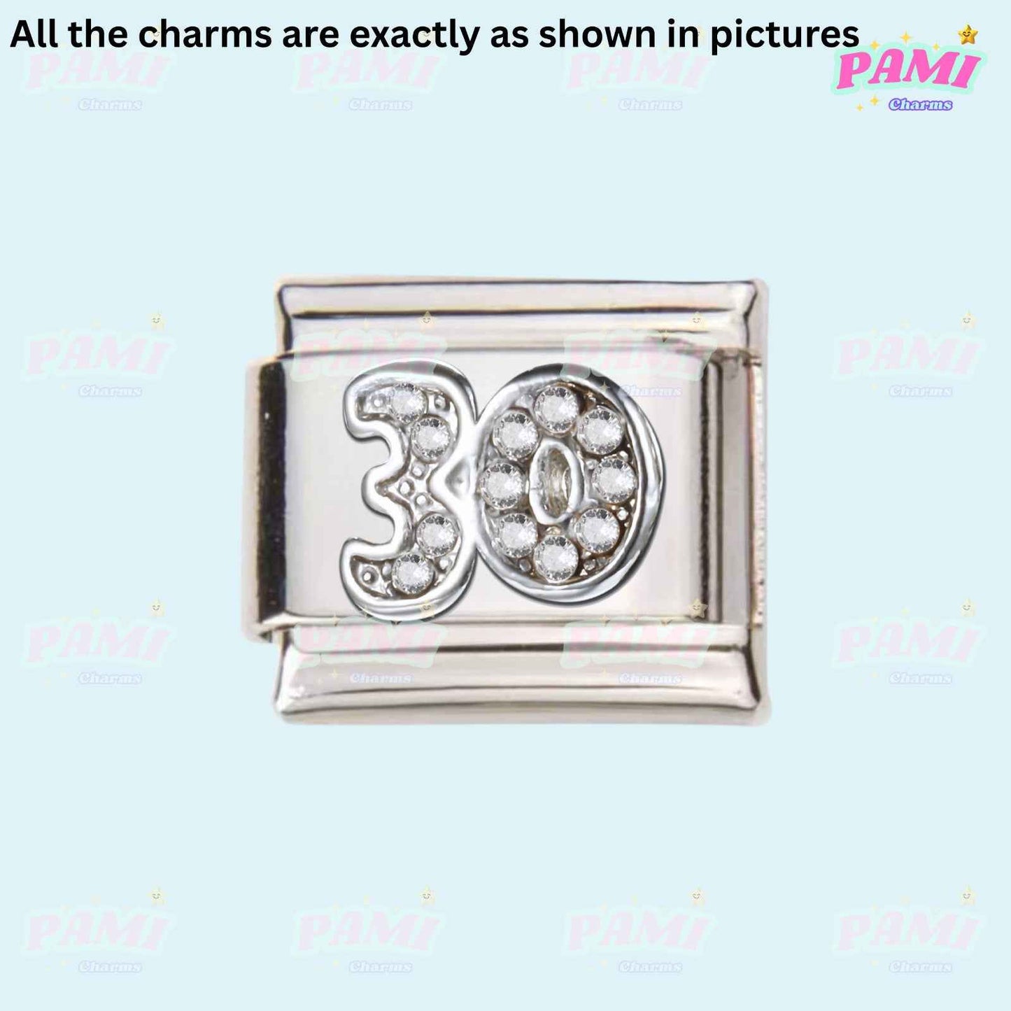 Pami Charms silver number 30 charm with crystals for birthday italian charms collection