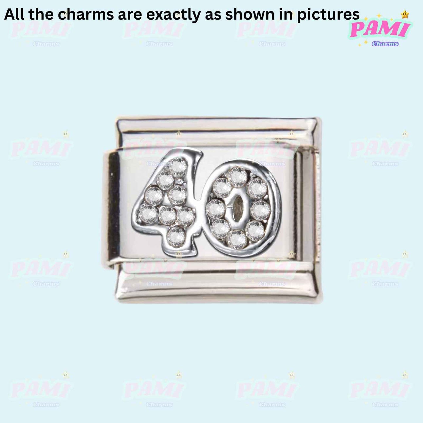 Silver 40 charm with sparkling stones for birthday italian charms by Pami Charms