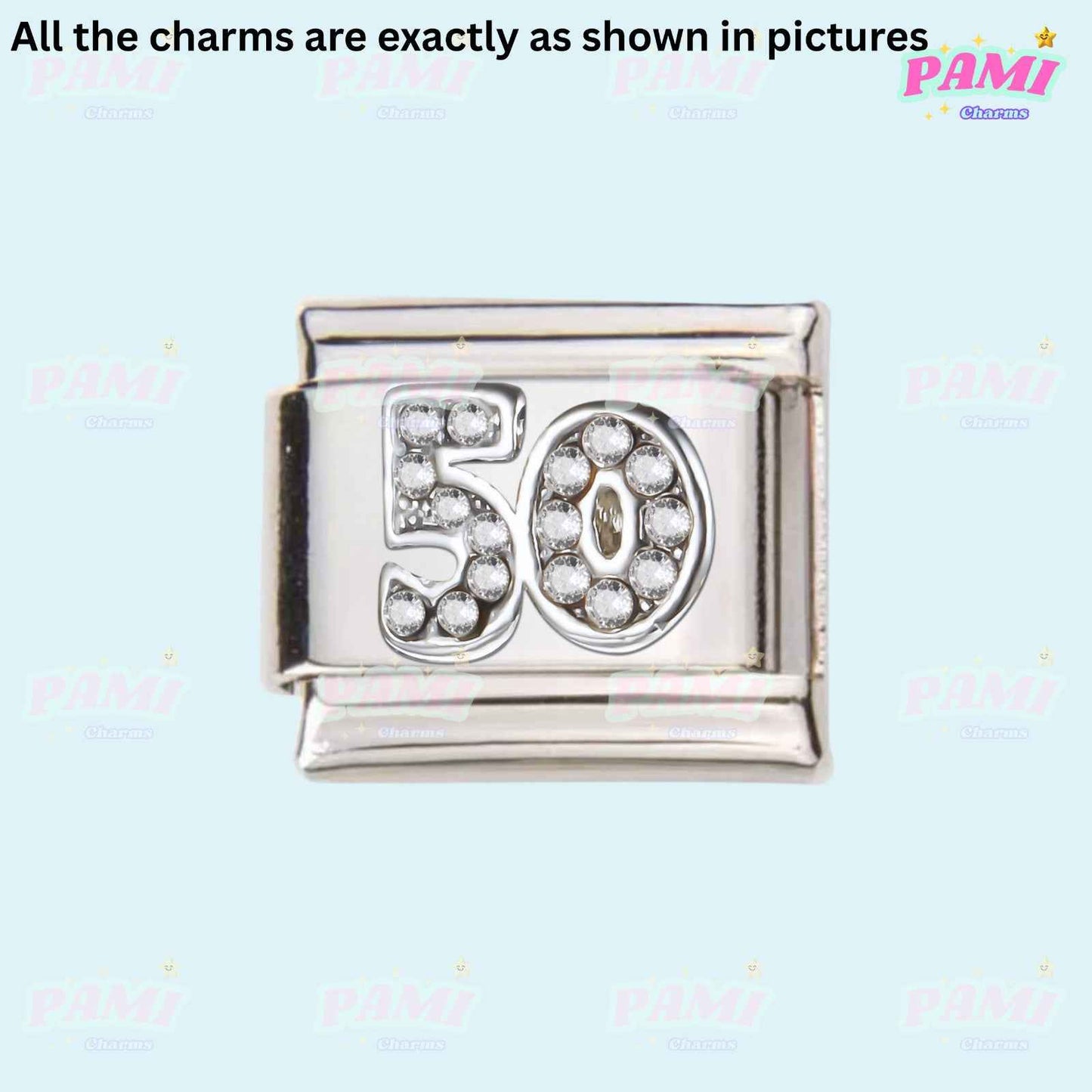 Pami Charms silver 50 number birthday Italian charms with embedded clear stones