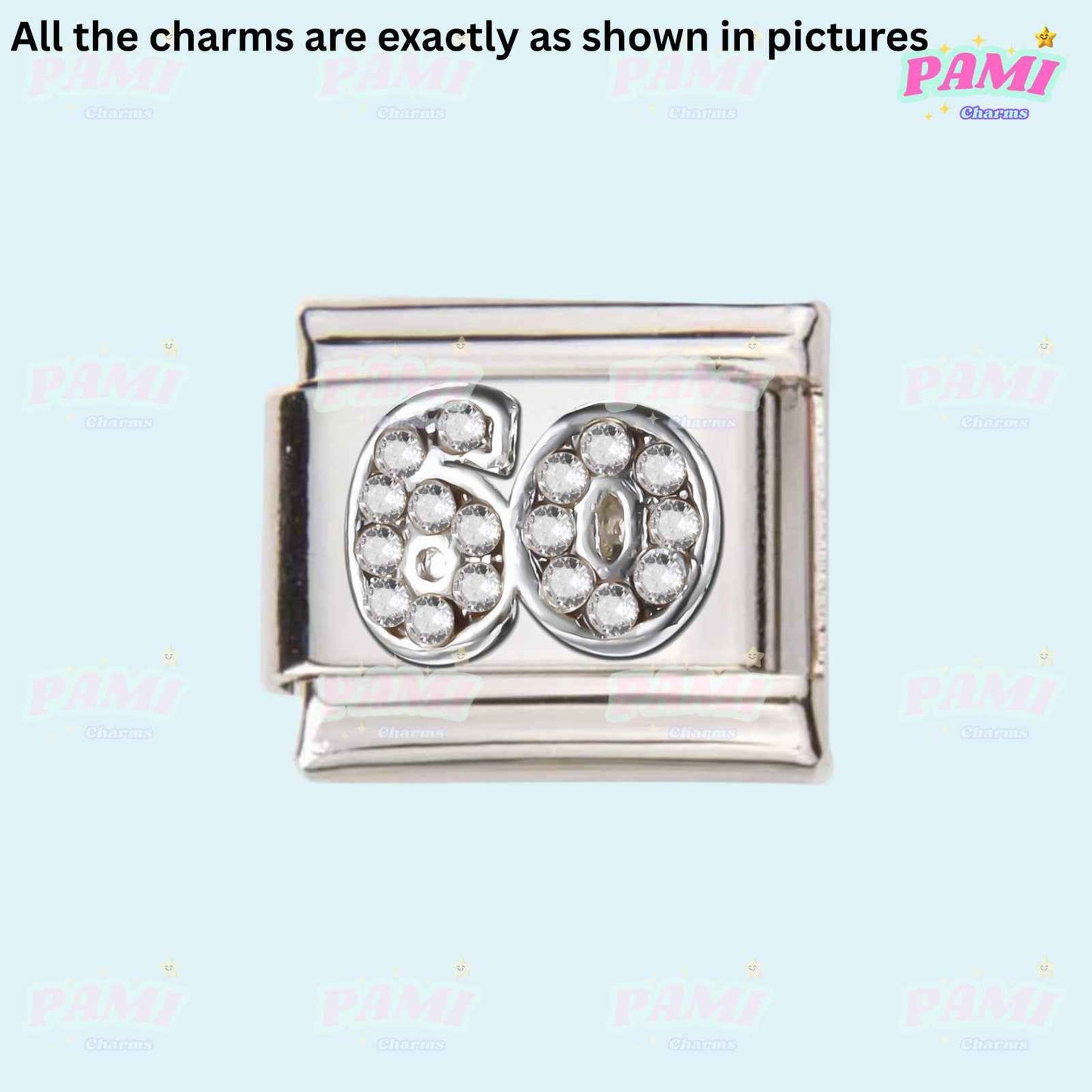 Silver 60 birthday italian charms with embedded clear crystals by Pami Charms
