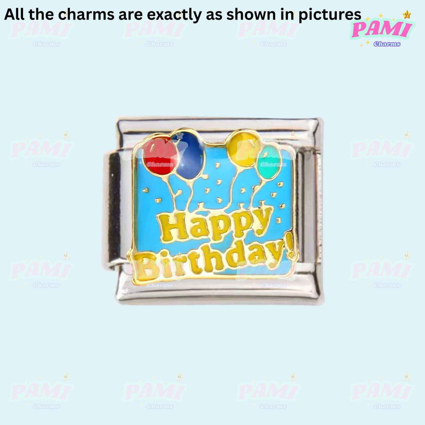 Pami Charms Happy Birthday Italian charm with colorful balloons on blue background birthday italian charms