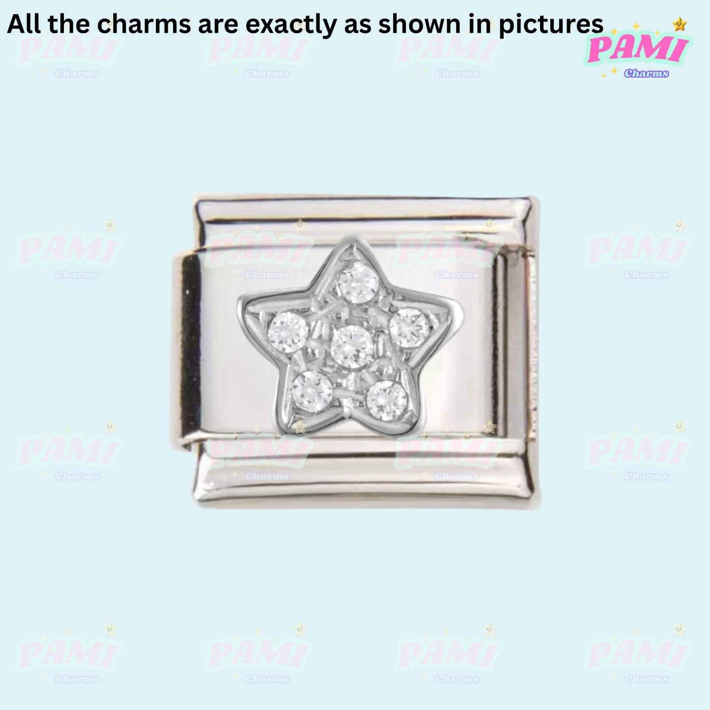 Silver Italian charm with star shape and clear crystals perfect for birthday Italian charms collection