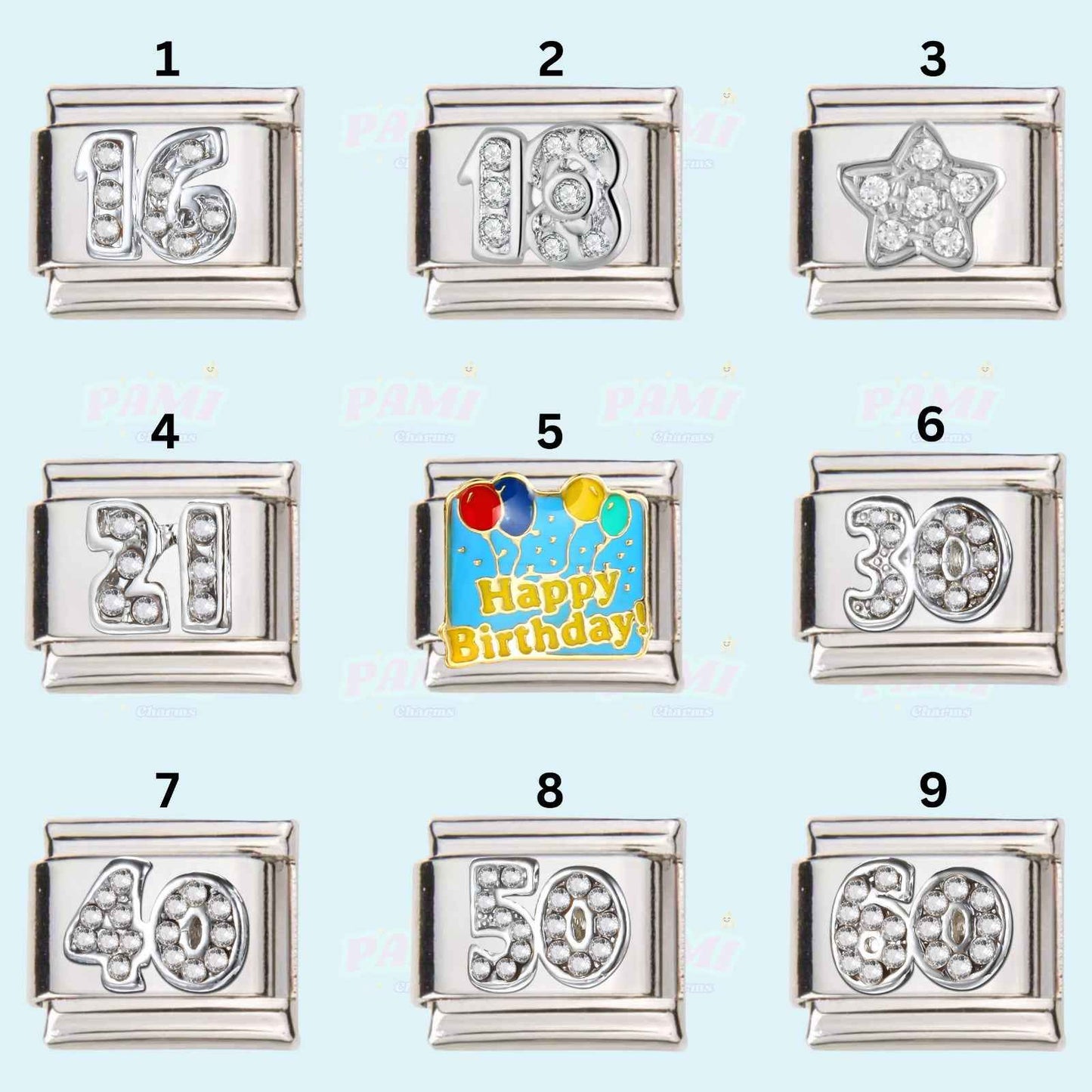 Pami Charms birthday Italian charms collection featuring milestone numbers and colorful Happy Birthday charm
