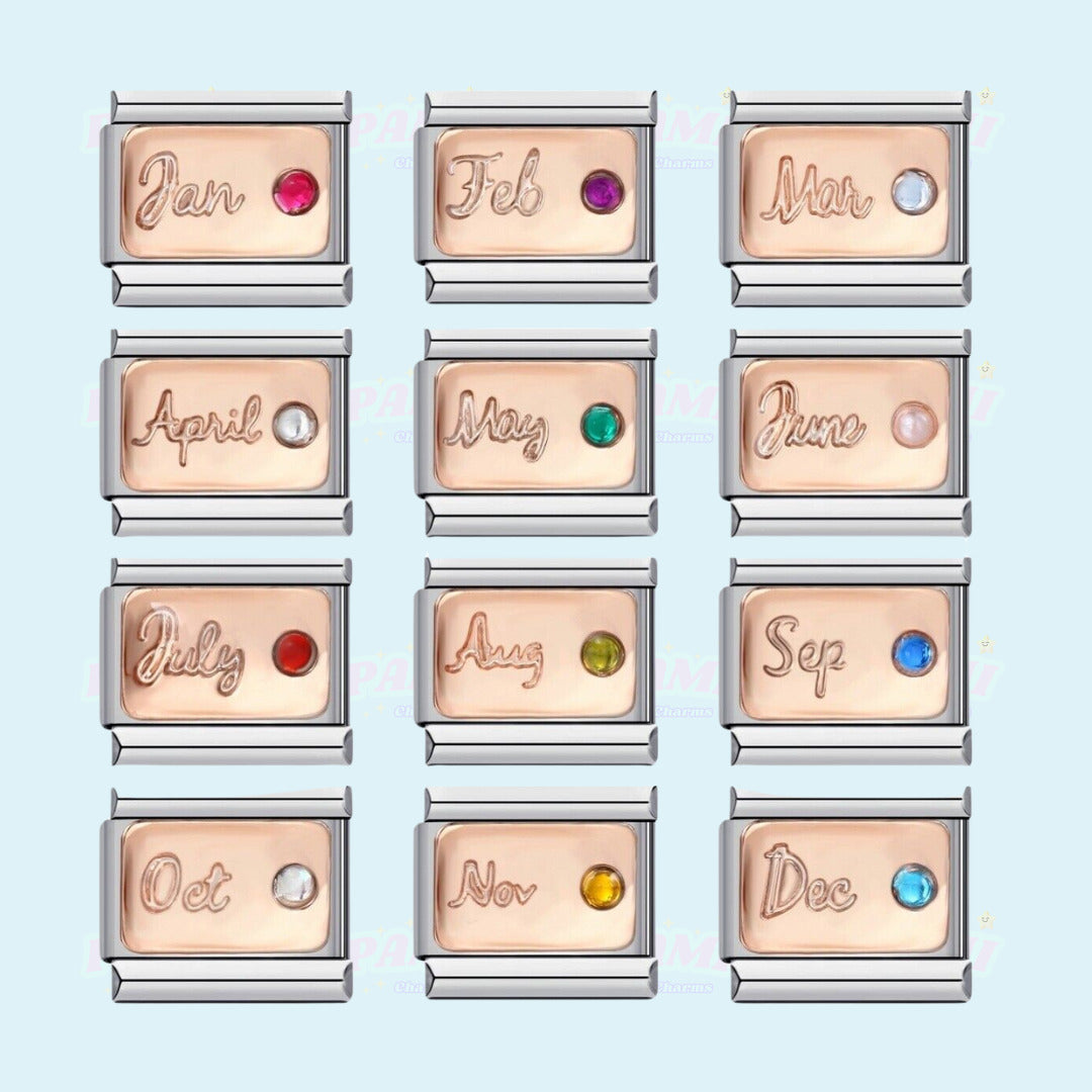 Pami Charms birthstone italian charms for each month with rose gold plates and colourful gemstones