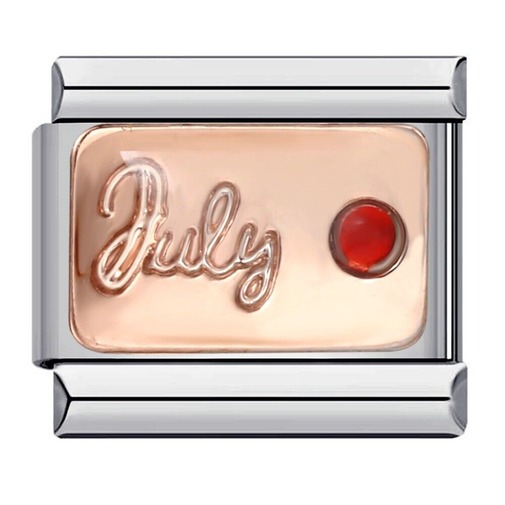 July birthstone italian charms in rose gold with red stone and silver edges by Pami Charms