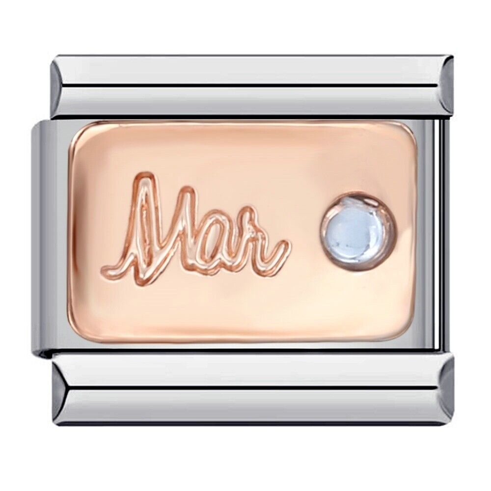 Pami Charms birthstone italian charms for March with rose gold plate and light blue gem