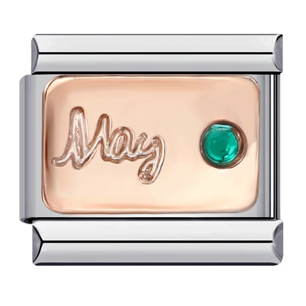 Pami Charms May birthstone Italian charms featuring a green gem and rose gold script design