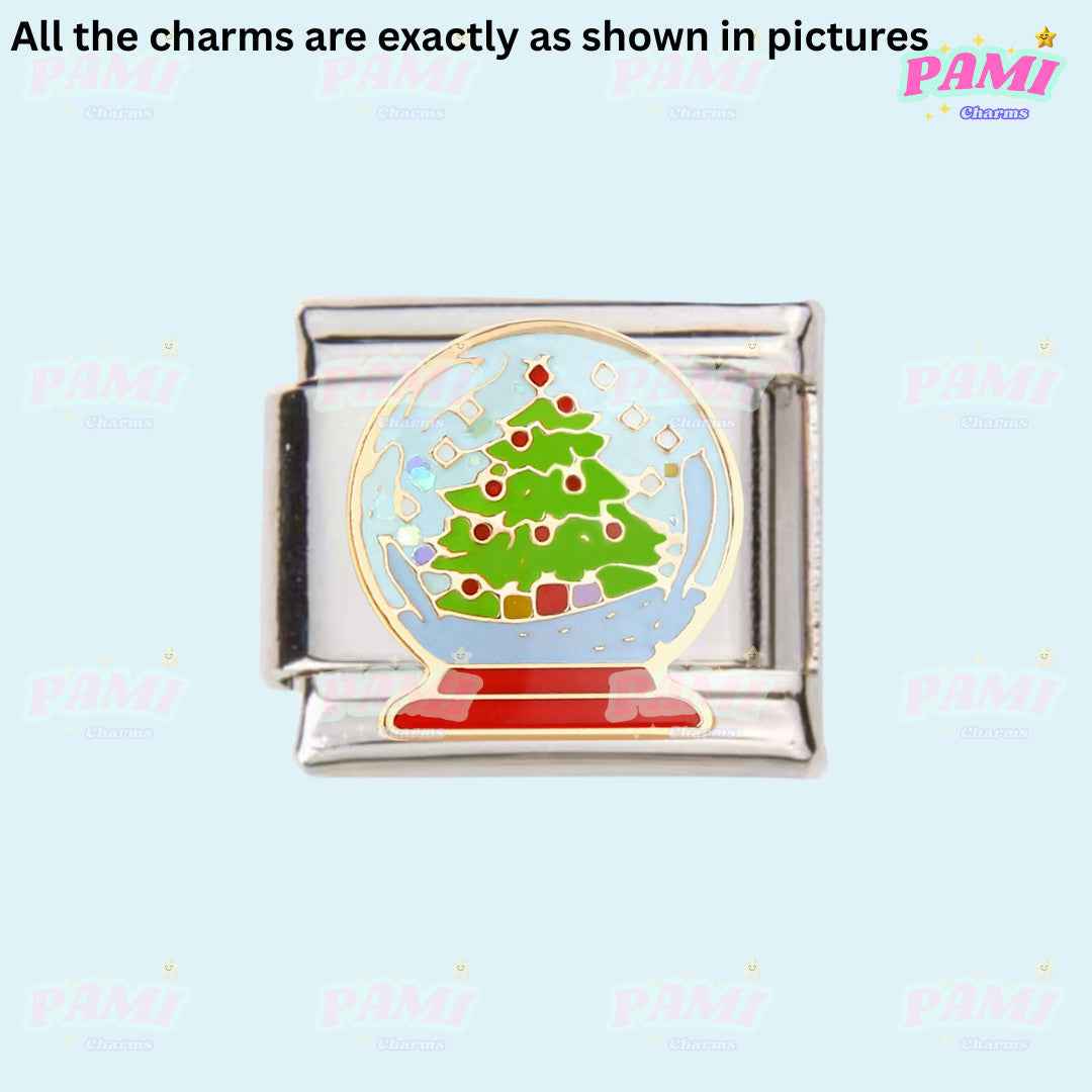 Christmas Italian charms featuring a festive Christmas tree snow globe design by Pami Charms