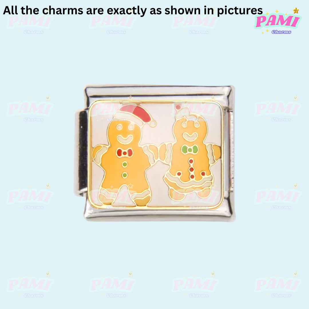 Pami Charms Christmas Italian charms featuring gingerbread man couple with festive details