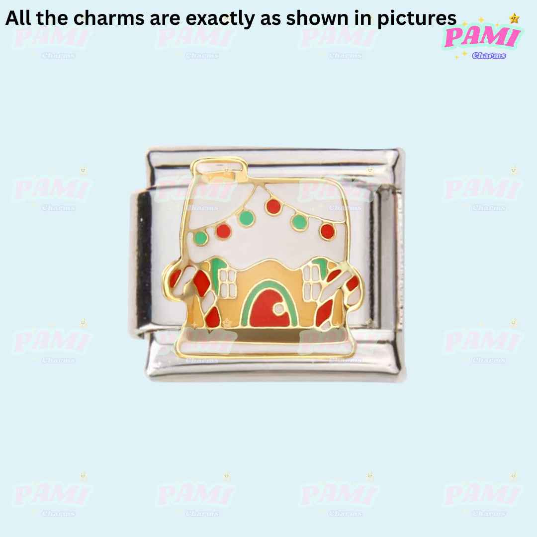 Pami Charms Christmas Italian charms featuring a festive gingerbread house with candy canes