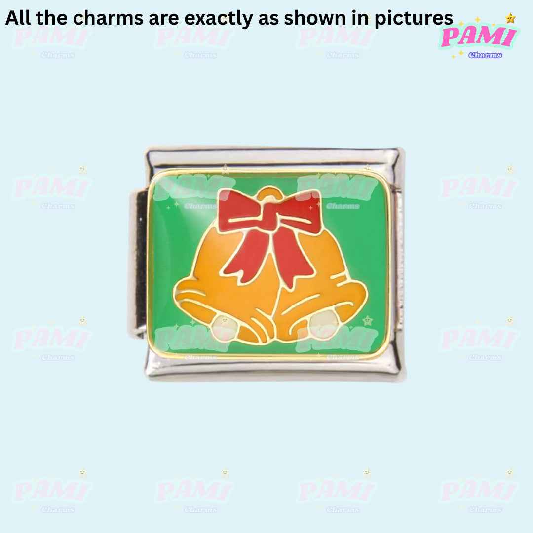 Christmas Italian charms gold bells with red bow on green background by Pami Charms