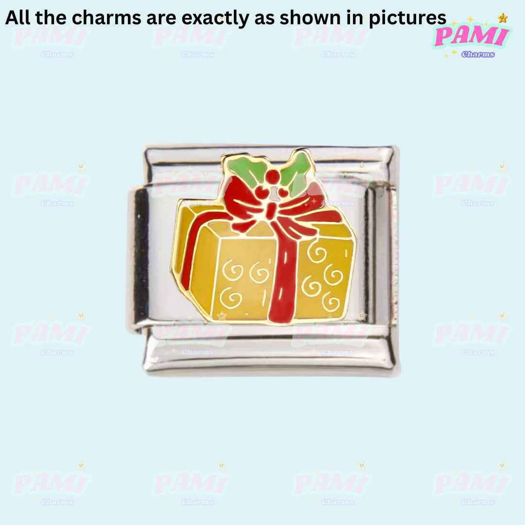 Christmas Italian charms gold gift box with red bow and holly leaves by Pami Charms