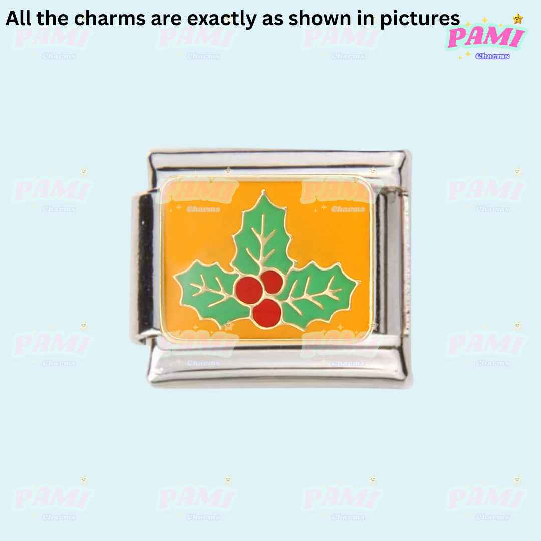 Christmas Italian charms silver link with green holly leaves and red berries on orange background