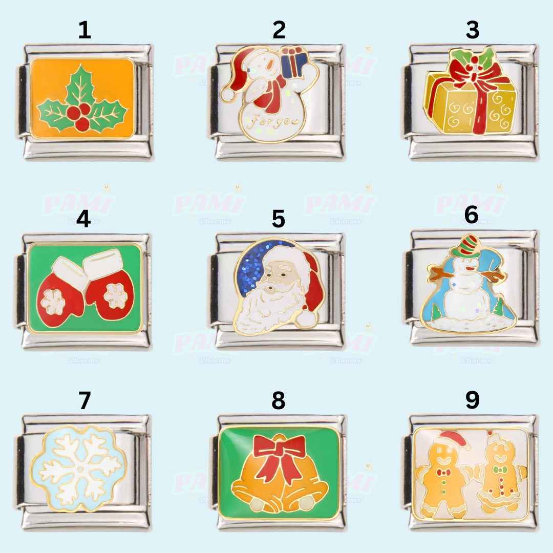 Christmas Italian charms set by Pami Charms featuring holly, snowman, gift, mittens, Santa, snowflake, bells, and gingerbread designs