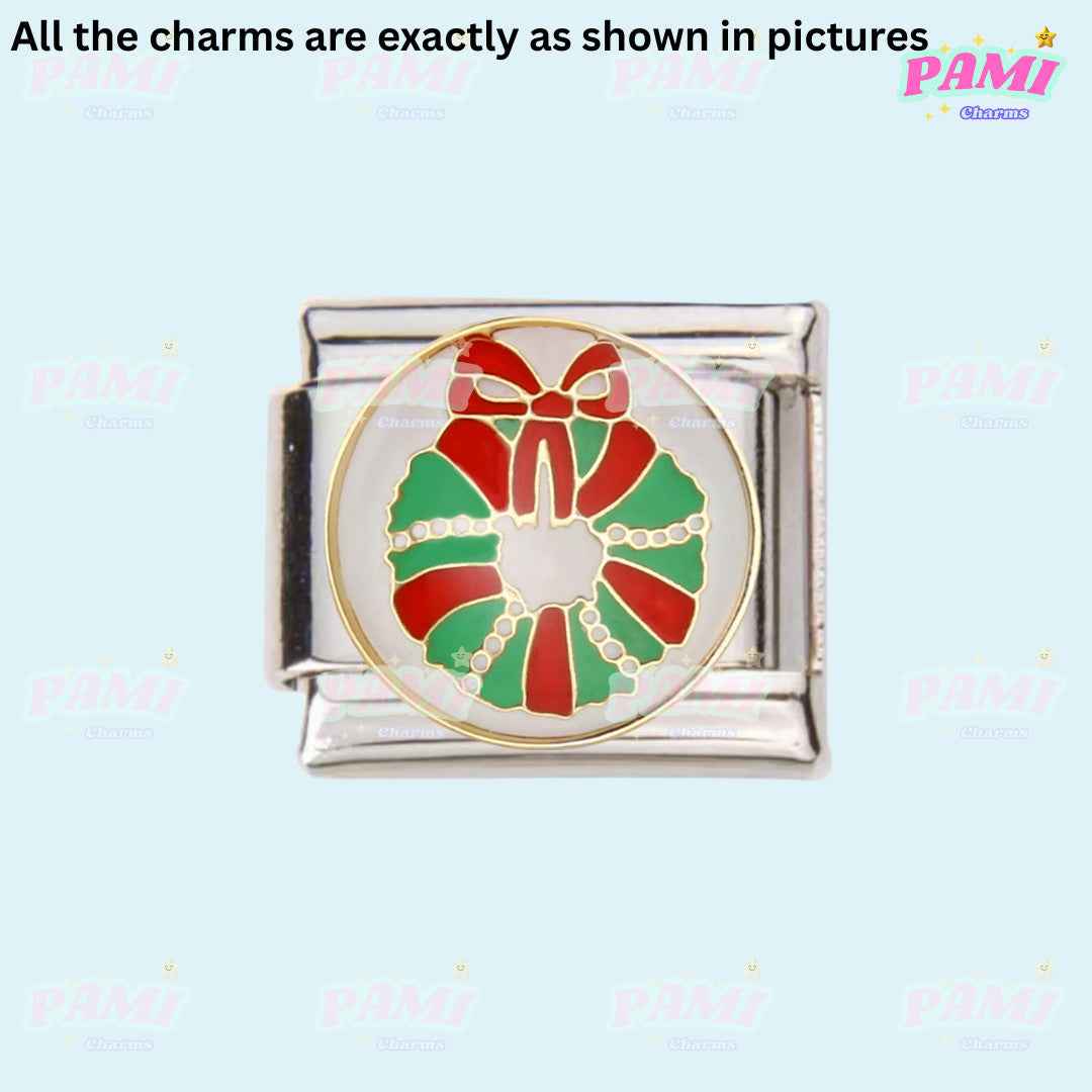 Pami Charms Christmas Italian charms featuring festive red and green wreath charm with bow