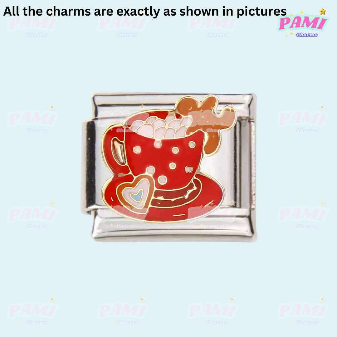 Christmas Italian charms red cup with heart and gingerbread man enamel charm by Pami Charms