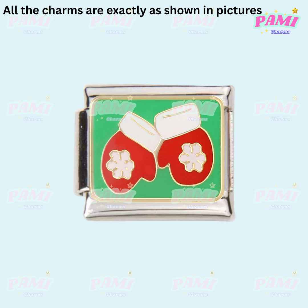 Pami Charms Christmas Italian charms featuring red mittens with white snowflakes on green background