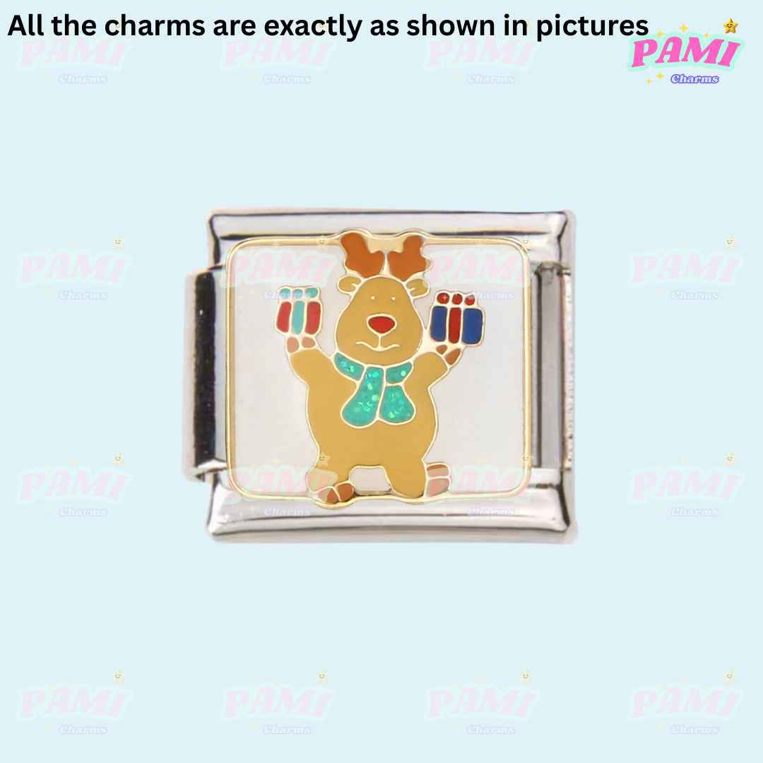 Pami Charms Christmas Italian charms reindeer holding colourful presents charm