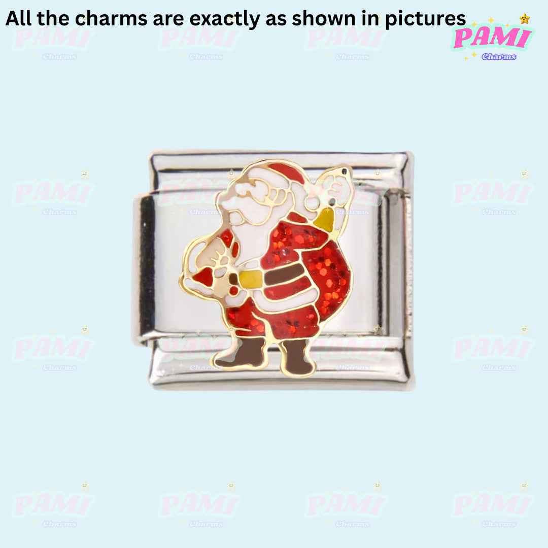 Christmas Italian charms featuring a detailed Santa Claus in red and white festive attire