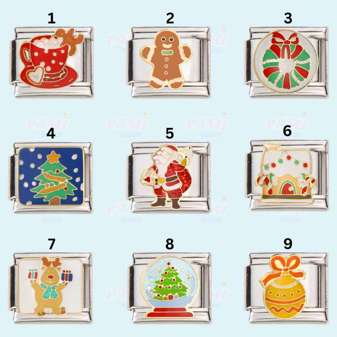 Set of nine christmas italian charms featuring festive designs like Santa, reindeer, gingerbread, wreath, and Christmas tree