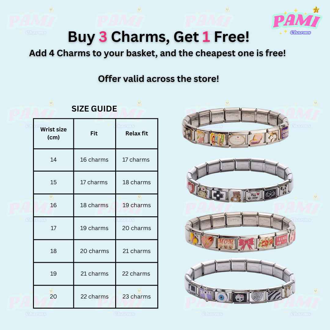 Pami Charms promotion image showing Buy 3 Charms Get 1 Free offer and size guide for Christmas Italian charms bracelets