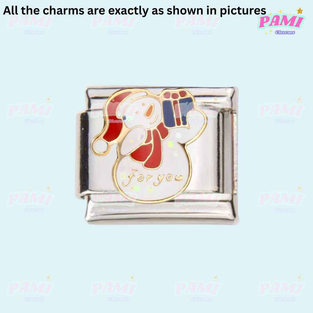 Pami Charms Christmas Italian charms featuring a festive snowman holding a gift with red hat