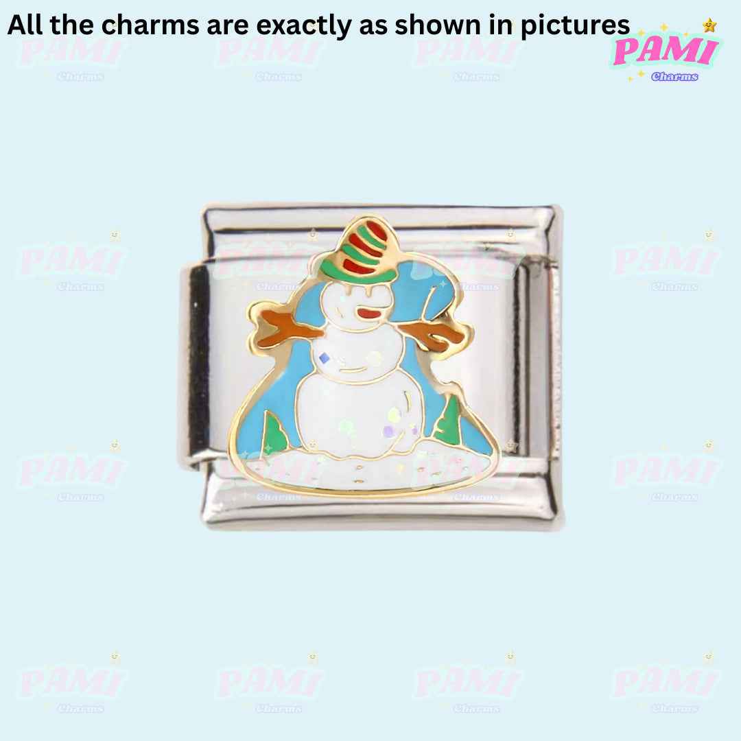 Pami Charms Christmas Italian charms snowman with striped hat and scarf on silver charm base