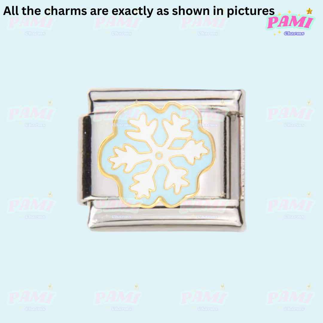 Pami Charms Christmas Italian charms silver link with white and gold snowflake design