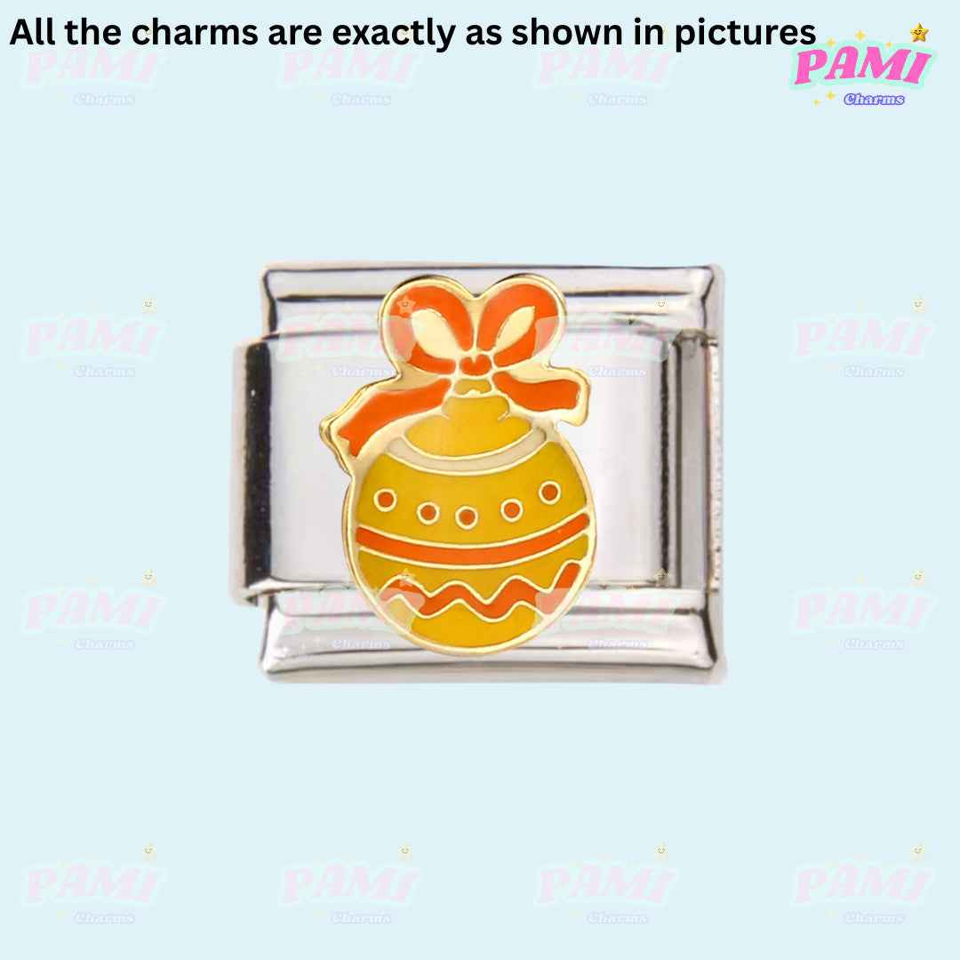 Pami Charms Christmas Italian charms featuring a festive yellow bauble with red bow detail