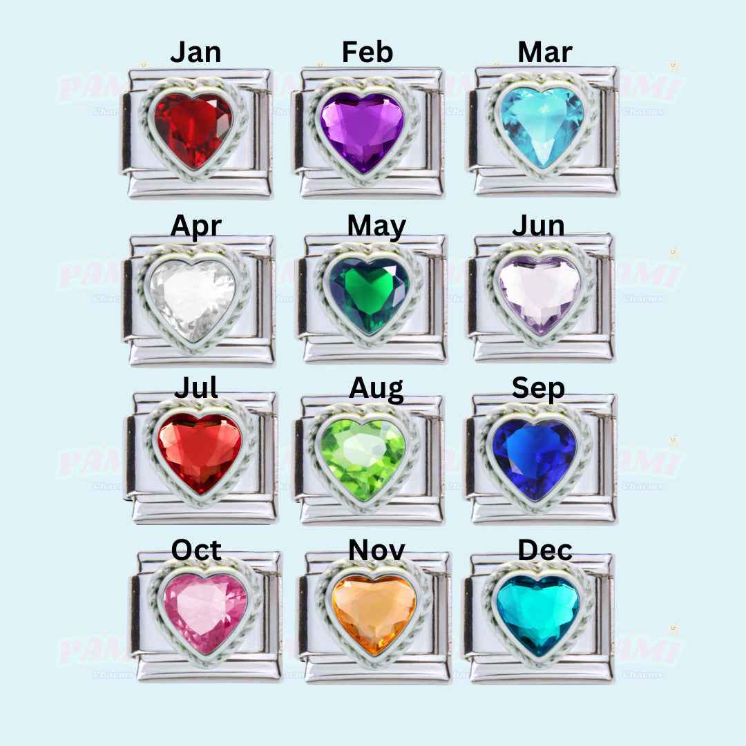 Pami Charms gem birth stone italian charms with heart-shaped stones representing each month