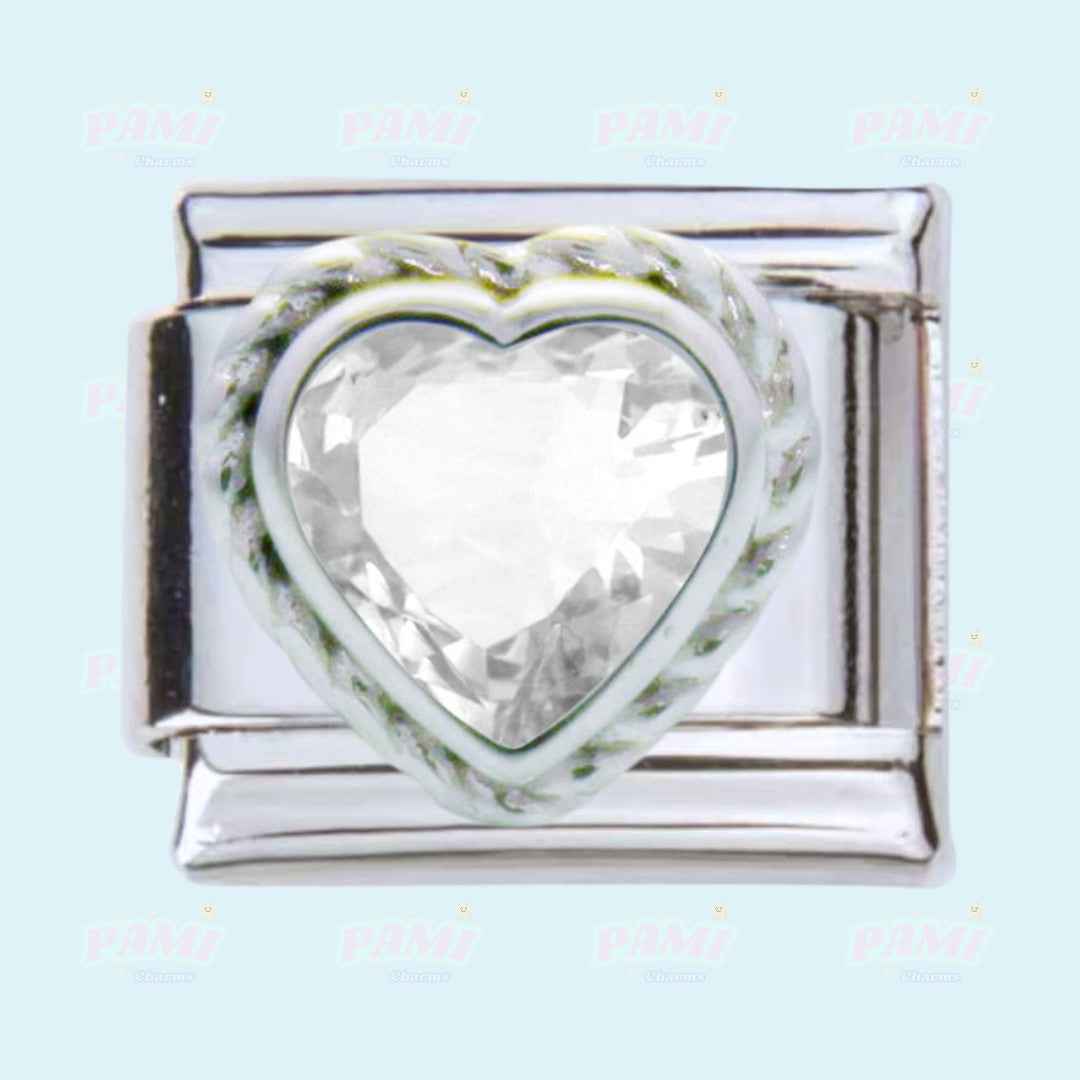 Pami Charms silver gem birth stone italian charms with heart-shaped clear crystal detail
