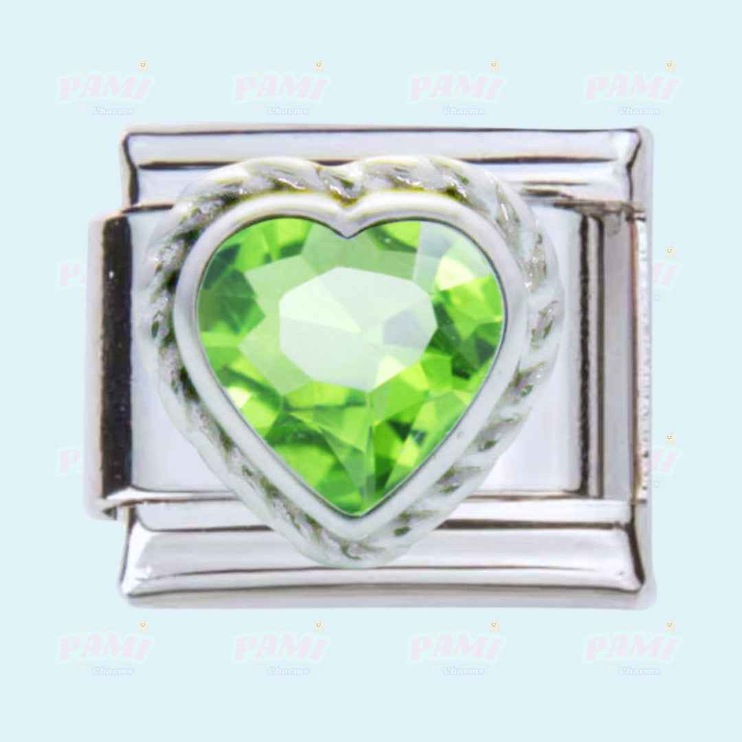 Pami Charms silver Italian charm with heart shaped green gem birth stone italian charms