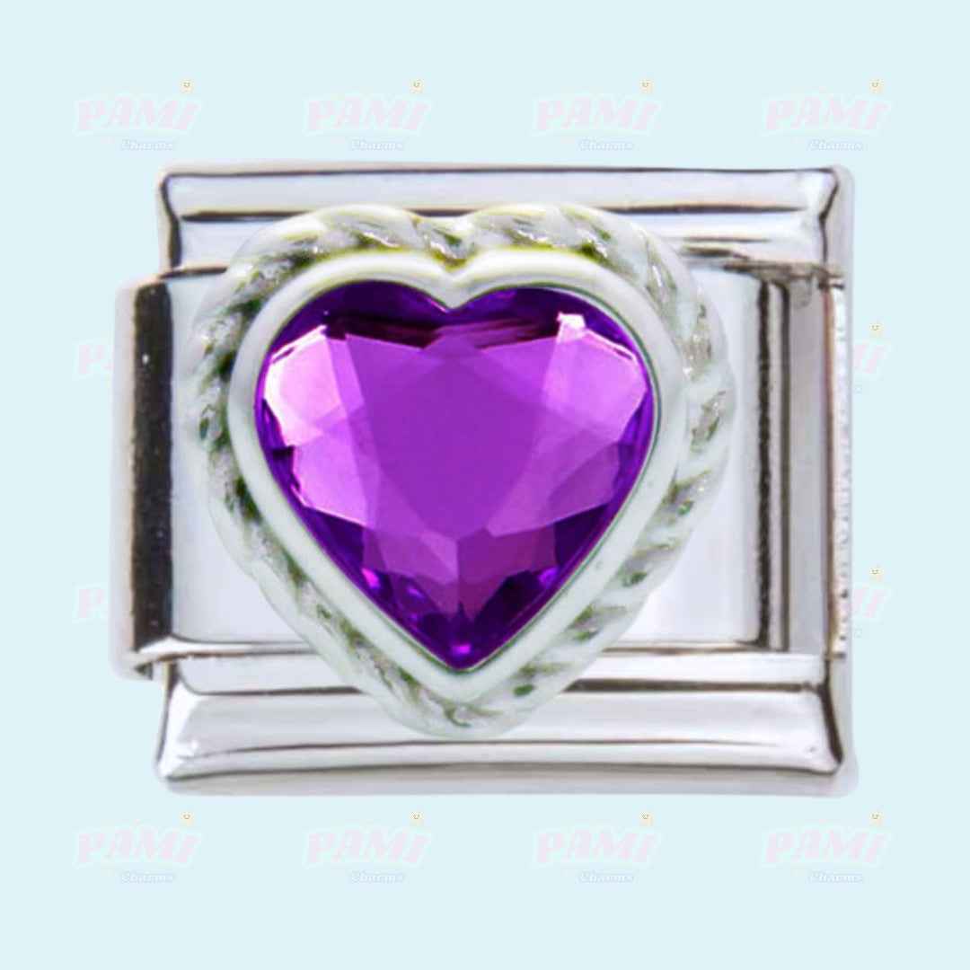 Pami Charms silver gem birth stone italian charms with purple heart-shaped gemstone