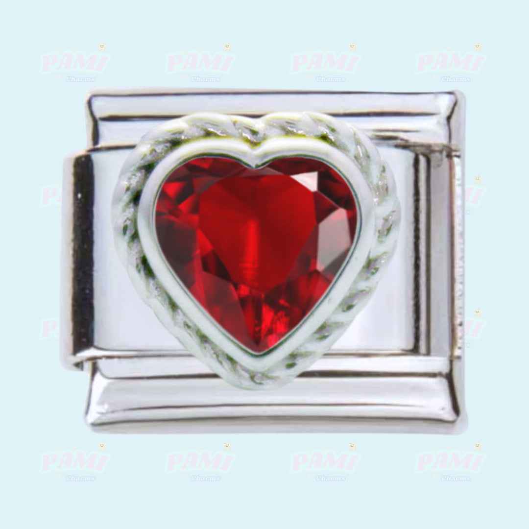 Pami Charms silver gem birth stone italian charms with heart-shaped red gemstone detail