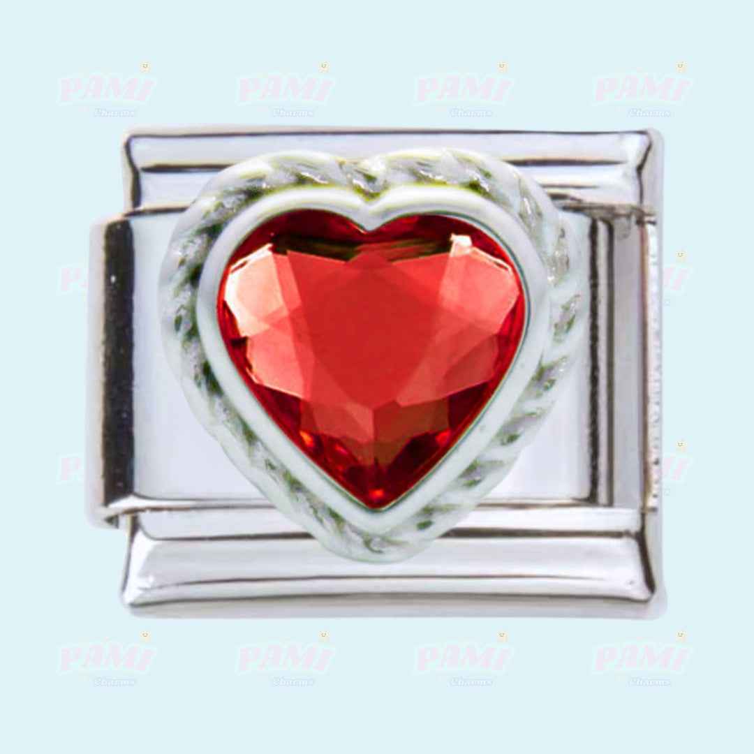 Pami Charms silver gem birth stone italian charms with red heart-shaped gemstone detail
