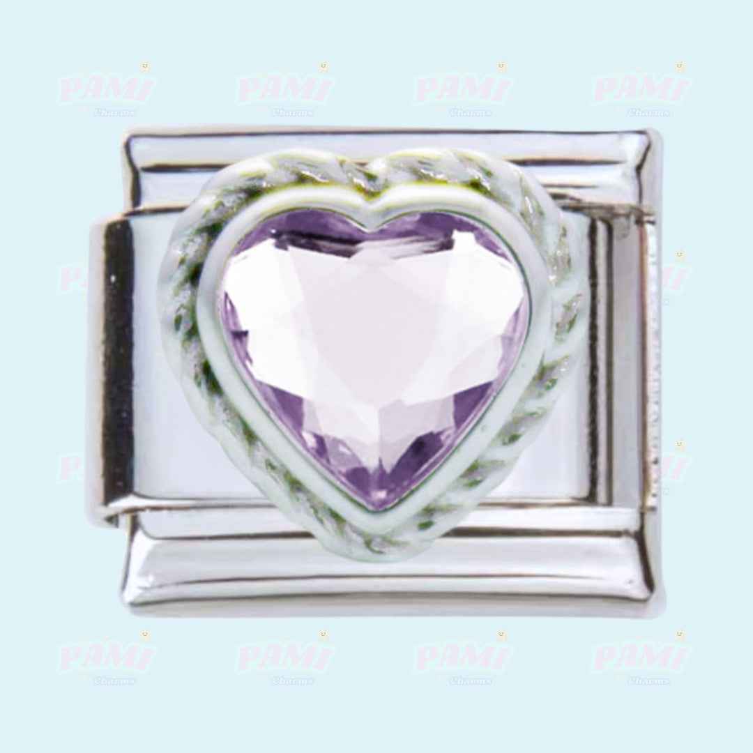 Pami Charms heart-shaped gem birth stone italian charms with purple gemstone on silver base