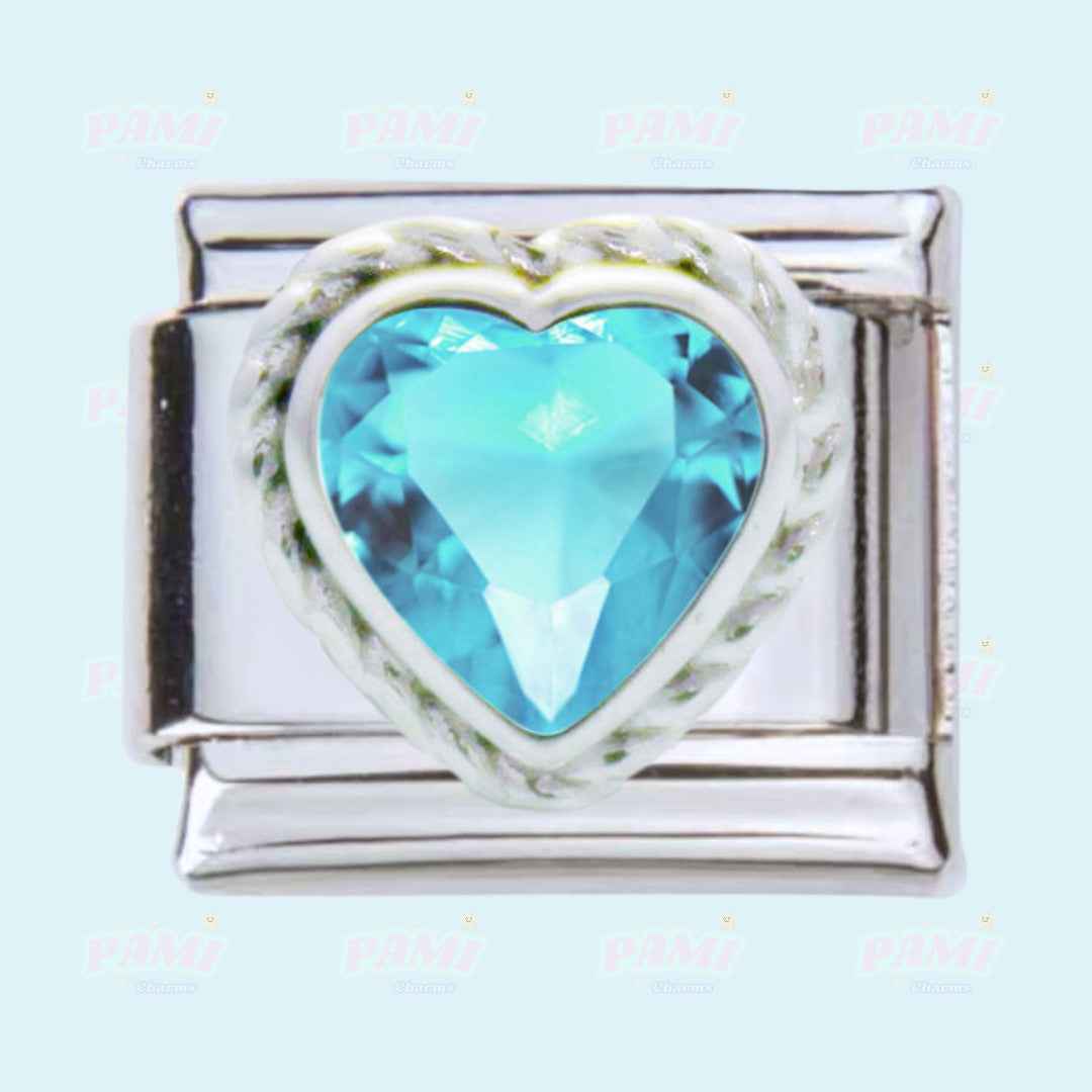 Pami Charms silver gem birth stone italian charms with blue heart-shaped crystal centerpiece