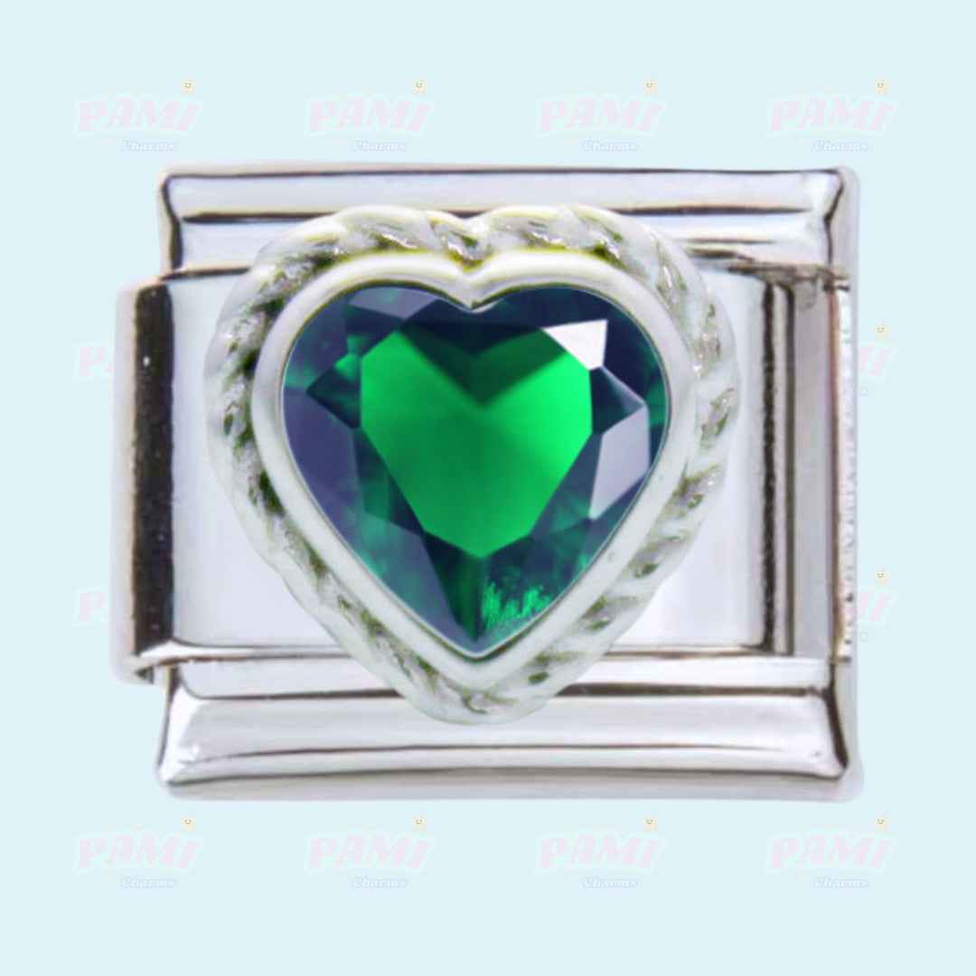 Pami Charms heart shaped gem birth stone italian charms with green faceted stone on silver base